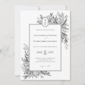 白と黒の緑の結婚モノグラム写真 招待状 (正面)