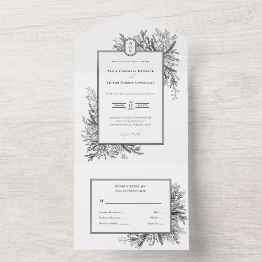 白と黒の緑結婚のモノグラム オールインワン招待状 (内側)