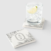 白と黒の緑結婚のモノグラム ストーンコースター (横)