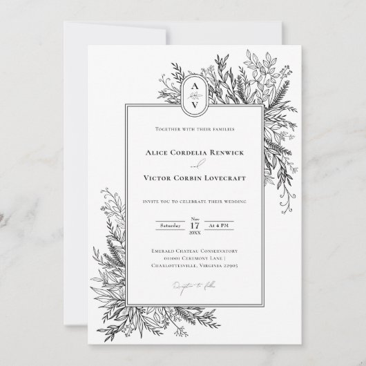 白と黒の緑結婚のモノグラム 招待状 (正面)