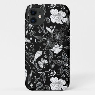 白と黒の美しいレトロな花のパターン iPhone 11 ケース