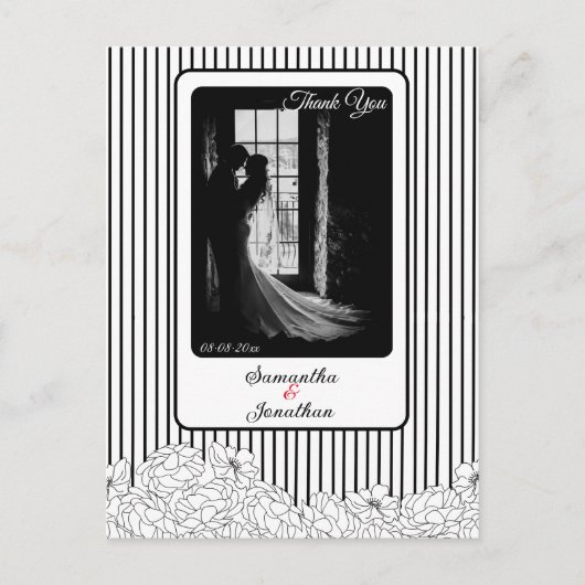 白と黒の花とストライプありがとう ポストカード (正面)