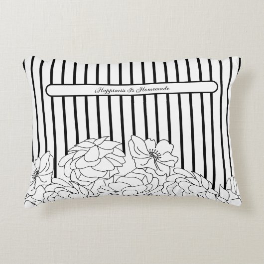 白と黒の花とストライプ アクセントクッション (正面)