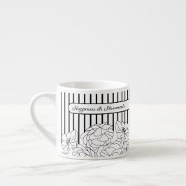 白と黒の花とストライプ エスプレッソカップ