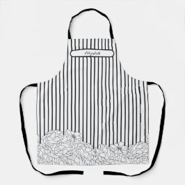 白と黒の花とストライプ エプロン