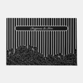 白と黒の花とストライプ ドアマット (正面)