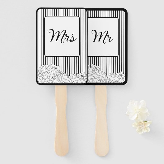 白と黒の花とストライプ ハンドファン (正面&裏面)