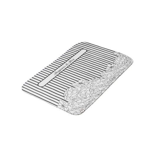 白と黒の花とストライプ バスマット (アングル)