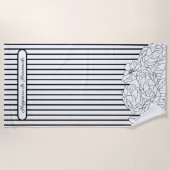 白と黒の花とストライプ ビーチタオル (正面)