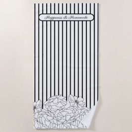 白と黒の花とストライプ ビーチタオル