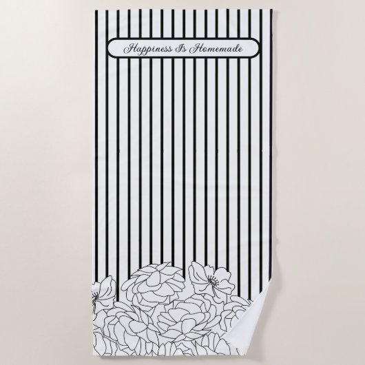 白と黒の花とストライプ ビーチタオル (正面)