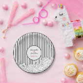 白と黒の花とストライプ ペーパープレート (パーティー)