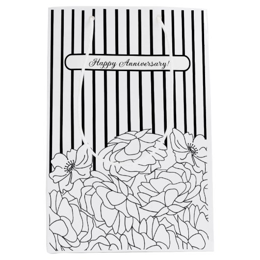 白と黒の花とストライプ ミディアムペーパーバッグ (正面)