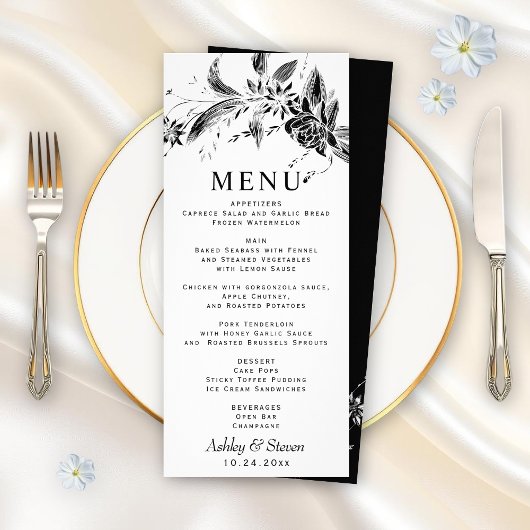 白と黒の花のメニュ結婚ーカード付きブランチ ラックカード