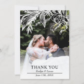 白と黒の花の結婚写真の枝 サンキューカード (正面)