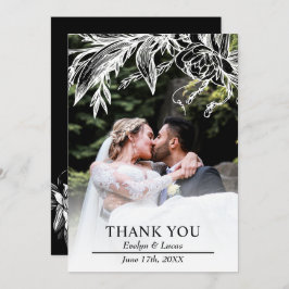 白と黒の花の結婚写真の枝 サンキューカード