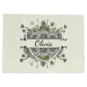 白と黒の花の美しいスケッチ ラージペーパーバッグ (裏面)