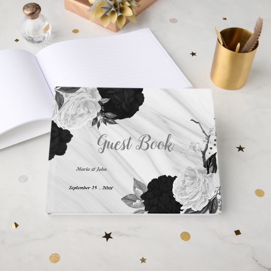 白と黒の花グレーの植物大理石 ゲストブック (正面見開き)