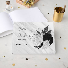 白と黒の花グレーの植物大理石 ゲストブック
