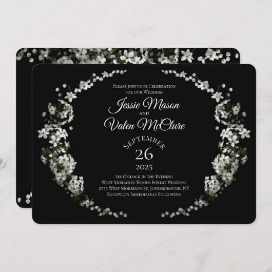 白と黒の花ゴシック結婚の 招待状 (正面/裏面)