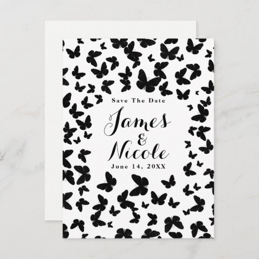 白と黒の蝶の日付を保存 案内ポストカード (正面/裏面)