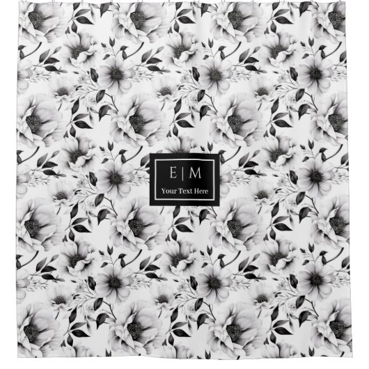 白と黒の見事な花のシャワーカーテン シャワーカーテン (正面)