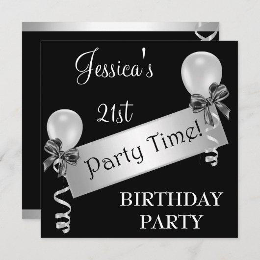 白と黒の銀のストリーマーの弓と風船 招待状 (正面/裏面)