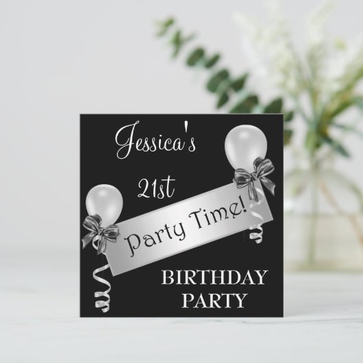 白と黒の銀のストリーマーの弓と風船 招待状 (スタンド正面)