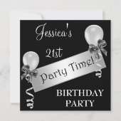 白と黒の銀のストリーマーの弓と風船 招待状 (正面)