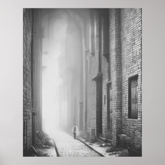 白と黒の霧の路地の独身の姿歩き ポスター (正面)