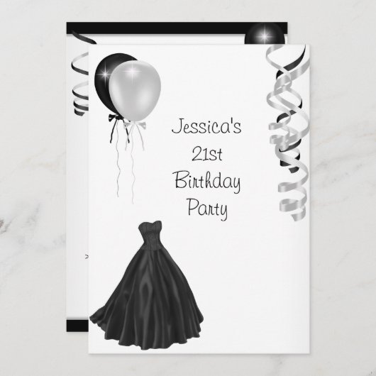 白と黒の風船フォーマル21歳誕生日 招待状 (正面/裏面)