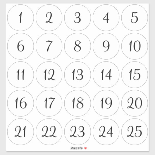 白と黒の1〜25の番号付き円 シール (シート)