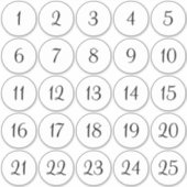 白と黒の1〜25の番号付き円 シール (正面)