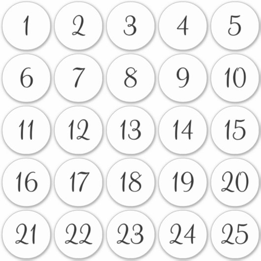 白と黒の1〜25の番号付き円 シール (正面)
