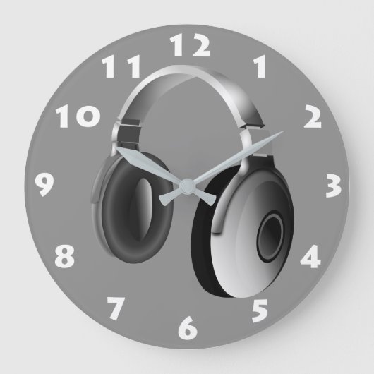 白と黒のDJヘッドフォン ラージ壁時計 (正面)