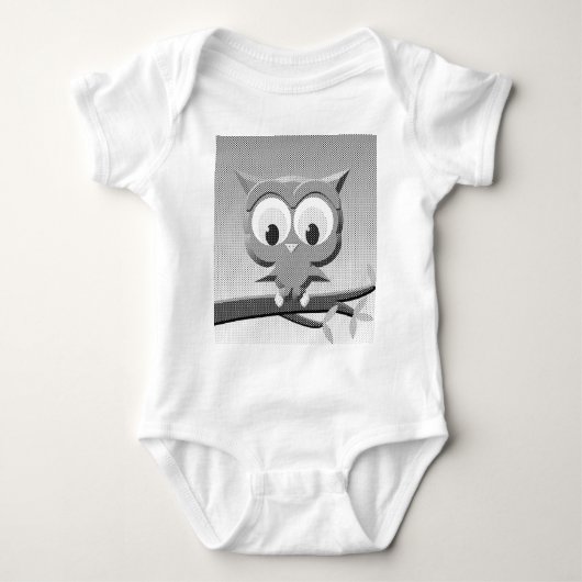 白と黒を使った新聞社のフクロウ ベビーボディスーツ (正面)