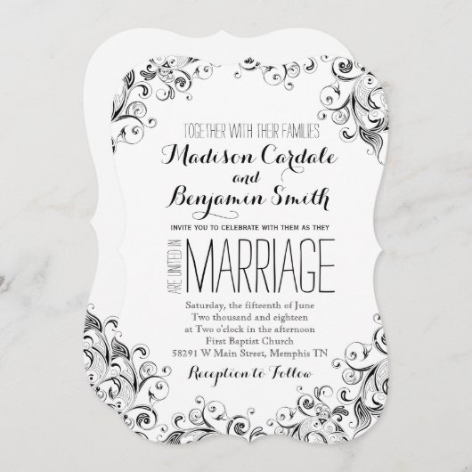 白と黒エレガントの華やかな結婚式 招待状 (正面/裏面)