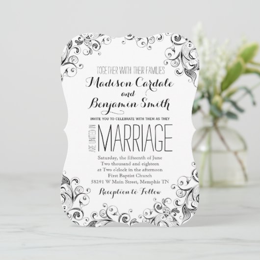 白と黒エレガントの華やかな結婚式 招待状 (スタンド正面)