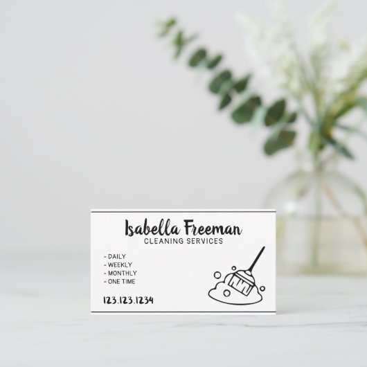 白と黒ユニークのメイドハウス清掃サービス 名刺 (スタンド正面)