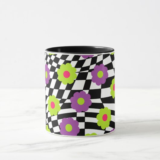 白と黒市松模様にのマグカップ花 マグカップ (中央)
