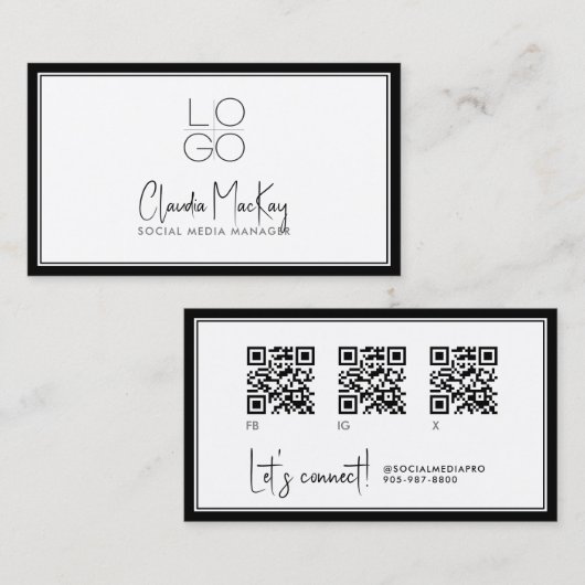 白と黒縁ど、鍵行スクリプト3 QRコード 名刺 (正面/裏面)