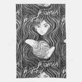 白と黒芸術的のウィッチー キッチンタオル (縦)