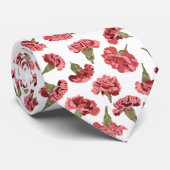 白にかわいらしピンクのカーネーションの花パターン(の模様が)ある ネクタイ (ロール)