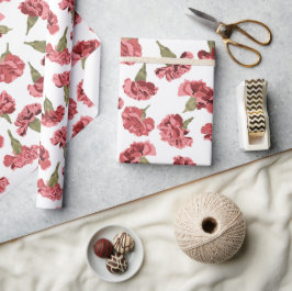 白にかわいらしピンクのカーネーションの花パターン(の模様が)ある ラッピングペーパー