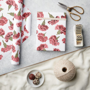 白にかわいらしピンクのカーネーションの花パターン(の模様が)ある ラッピングペーパー