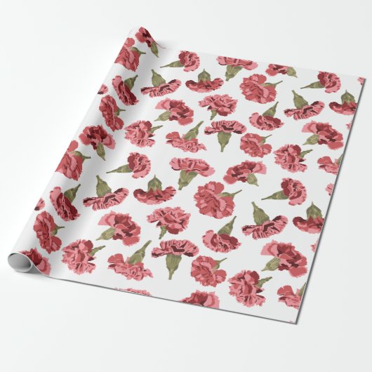 白にかわいらしピンクのカーネーションの花パターン（の模様が）ある ラッピングペーパー (アンロールド)