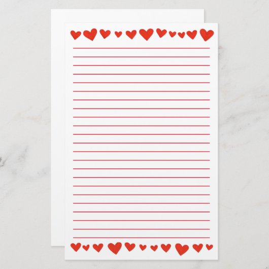 白によって並べられる文房具の赤いハート 便箋 (正面/裏面)