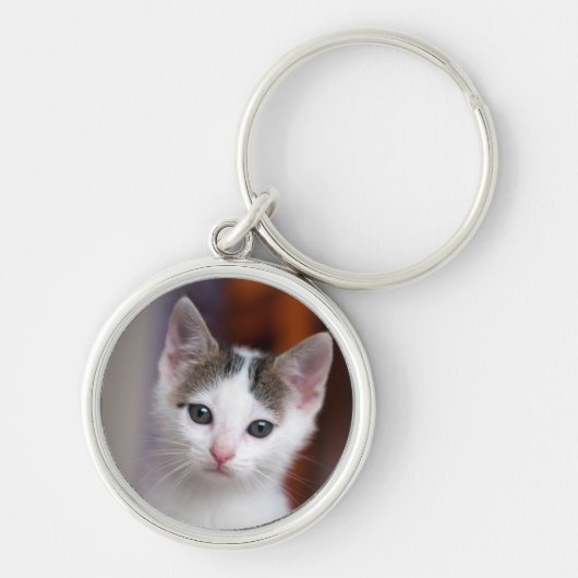 白によって斑点を付けられる子猫 キーホルダー (正面)