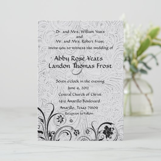 白によって用具を使われる革および黒いレースの結婚式 招待状 (スタンド正面)