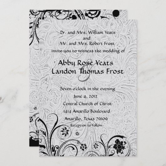 白によって用具を使われる革および黒いレースの結婚式 招待状 (正面/裏面)